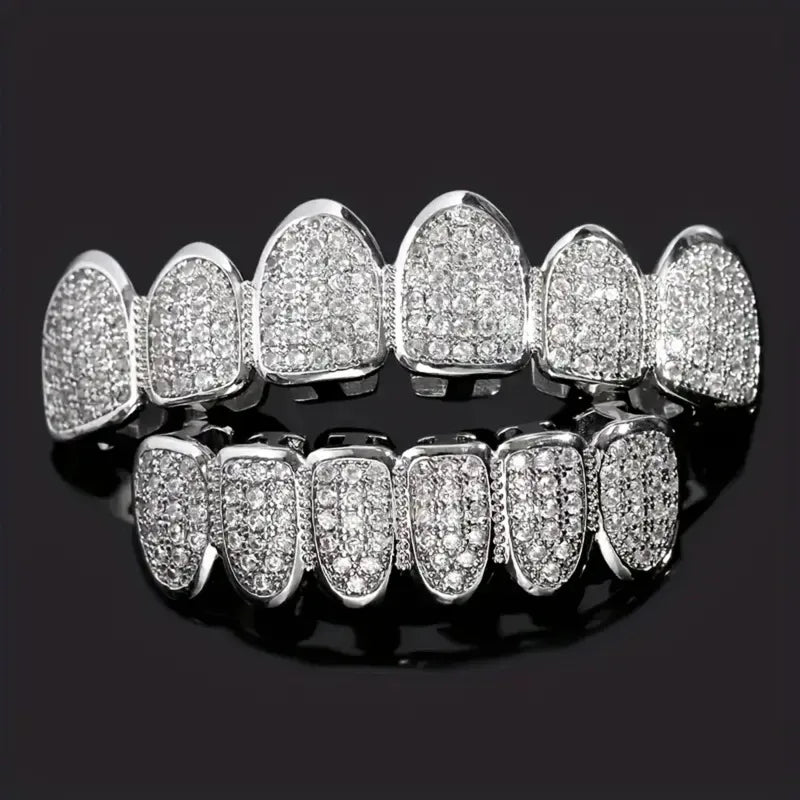 HipHop CZ Teeth Set – Unisex Gold & Silver Top/Bottom Mouth Caps, Removable Dental Fashion Jewelry