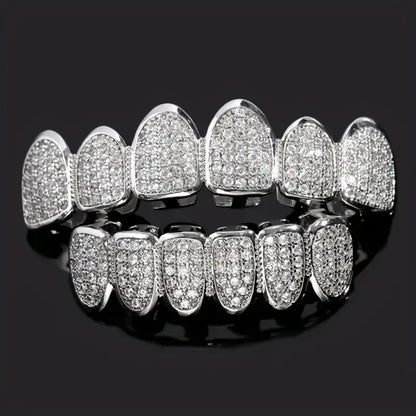 HipHop CZ Teeth Set – Unisex Gold & Silver Top/Bottom Mouth Caps, Removable Dental Fashion Jewelry