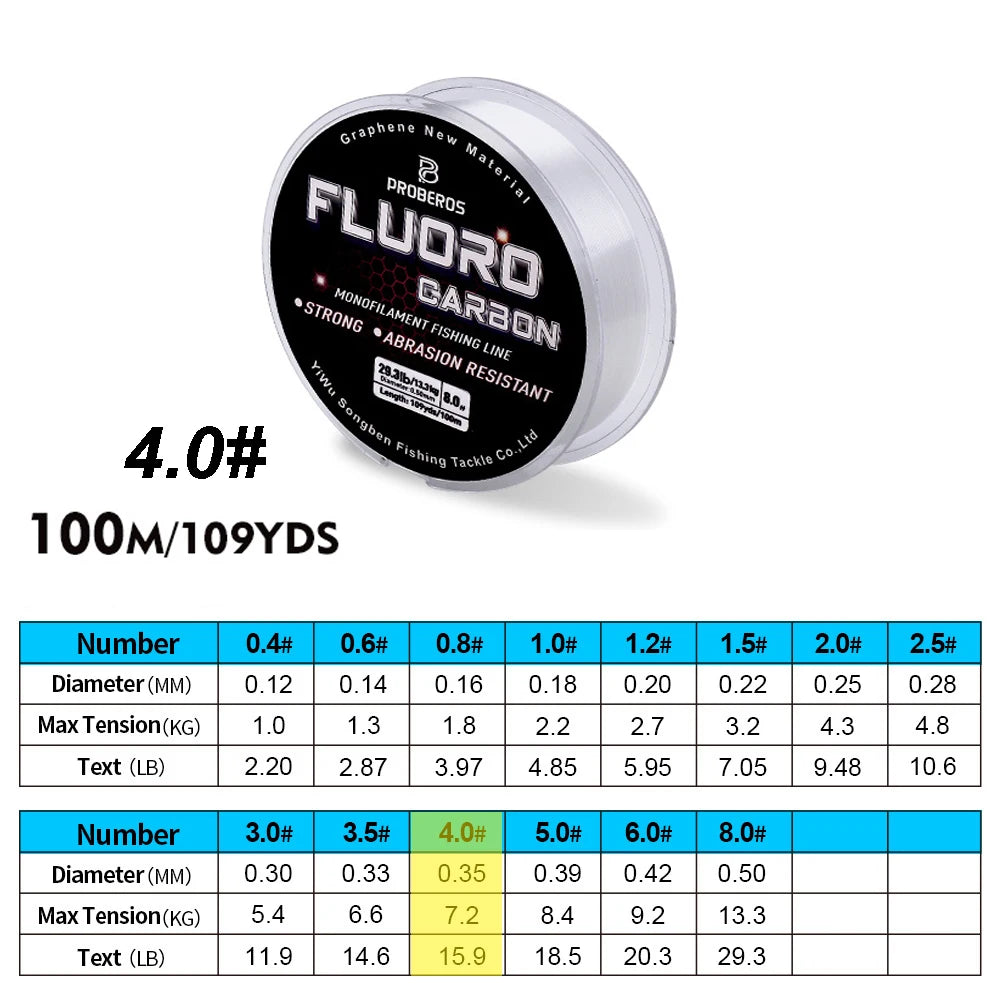 PROBEROS 100M Fluorocarbon Fishing Line - Carbon Fiber Monofilament Leader Line for Carp & Sinking Fishing Tackle