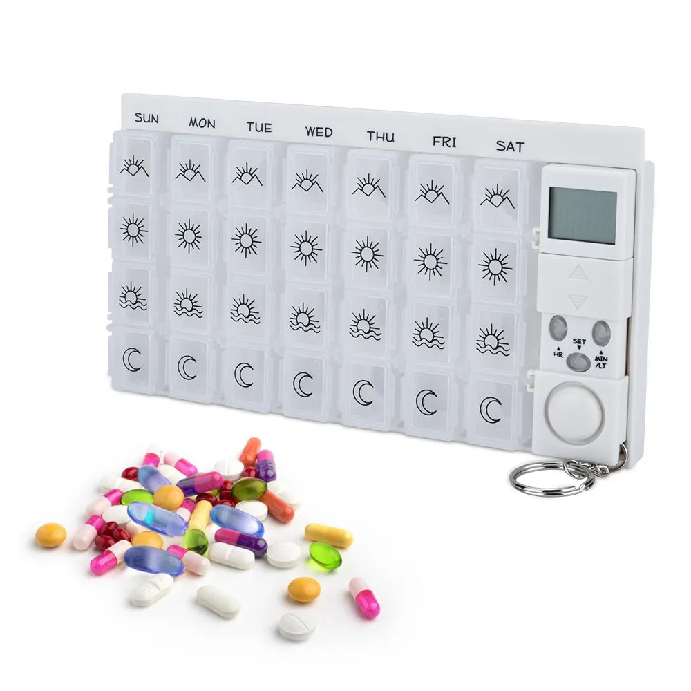 Portable 28-Grid Pill Box Organizer: Weekly 7-Day Smart Alarms Medicine Case with Reminder Timer - Plastic Holder for Pills