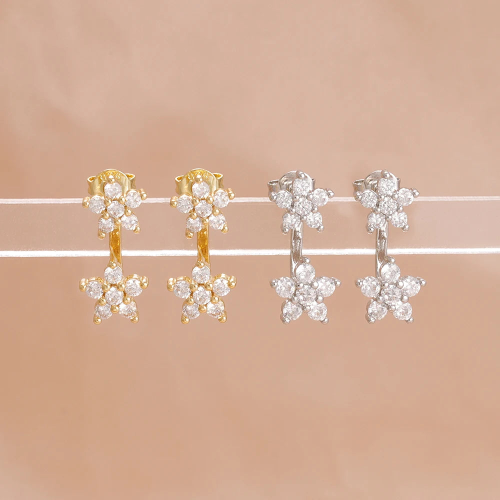 French Design Double Flower Dangle Earrings – Stainless Steel Crystal Cartilage Piercing Jewelry for Women