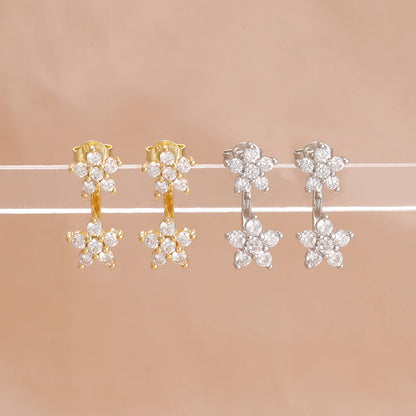 French Design Double Flower Dangle Earrings – Stainless Steel Crystal Cartilage Piercing Jewelry for Women