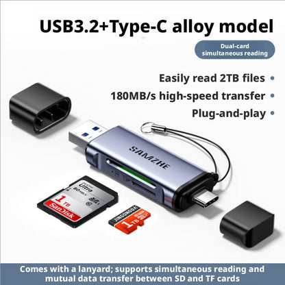 SAMZHE USB 3.2 Card Reader - Dual-Slot SD & MicroSD TF Reader with USB-A & USB-C Support
