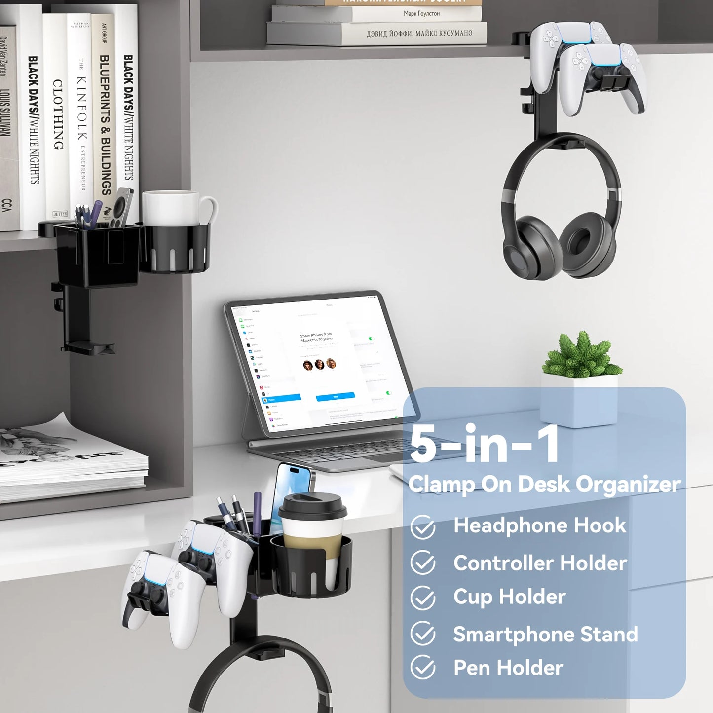 Rotatable Controller Stand 5 in 1 - Under Desk Clamp, Headphone Hanger, Replaceable Cup Holder, Compatible with Universal Headsets