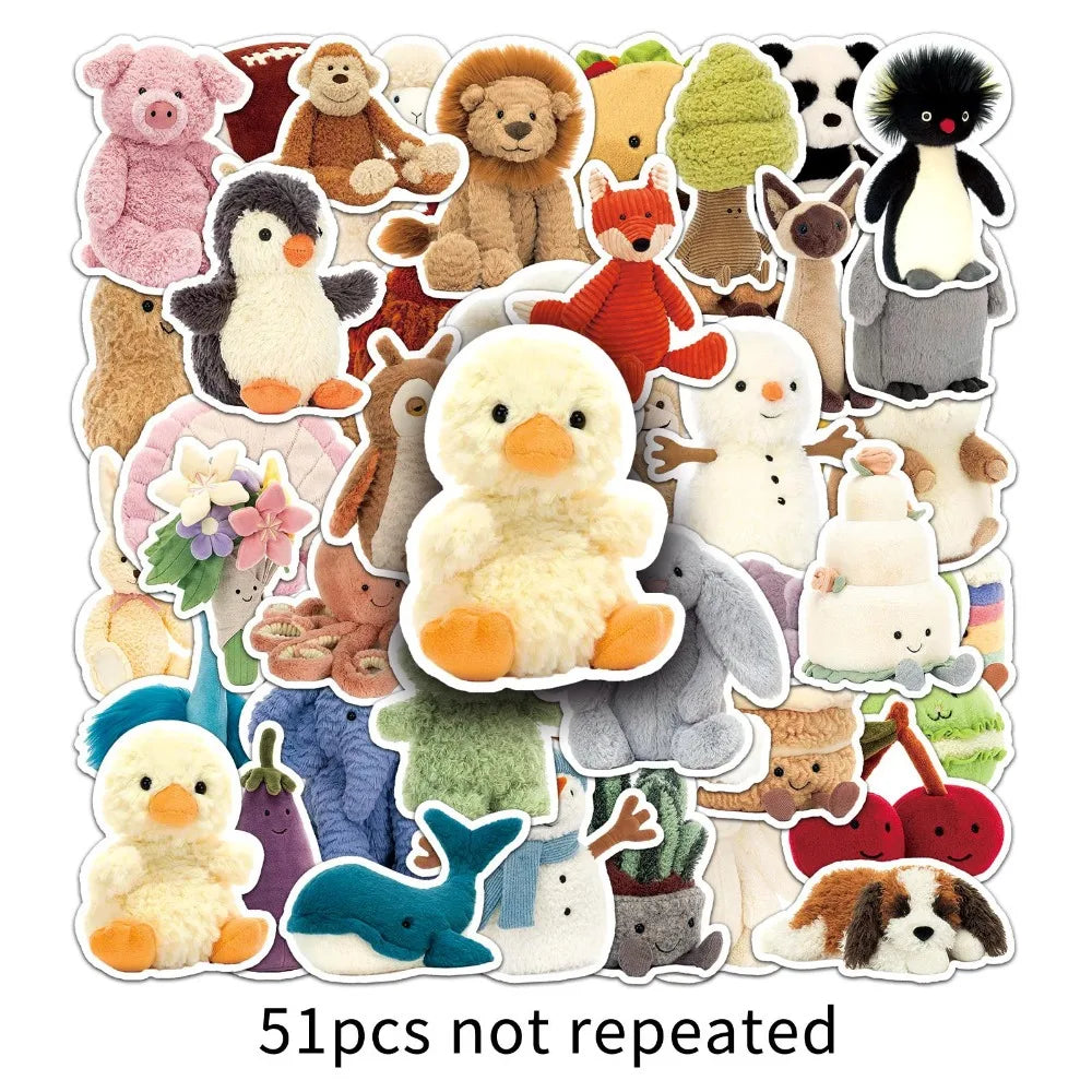 Cute Cartoon Plush Stickers - 10/51pcs Rabbit Bear Penguin Decals for Kids DIY Decor Guitar Car Bike Wall Art