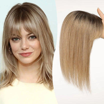 12 Inch Real Human Hair Topper with Bangs – Ombre Light Brown Silk Lace Base, 3-Clip Hair Extension for Women