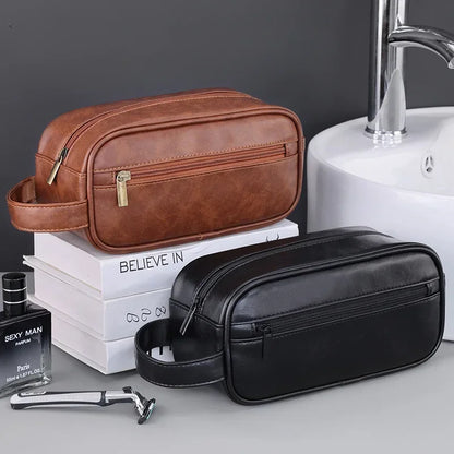 Men’s Leather Travel Wash Bag – Large Capacity Portable Toiletry Cosmetic Organizer with Multi-Pocket Design for Business Trips