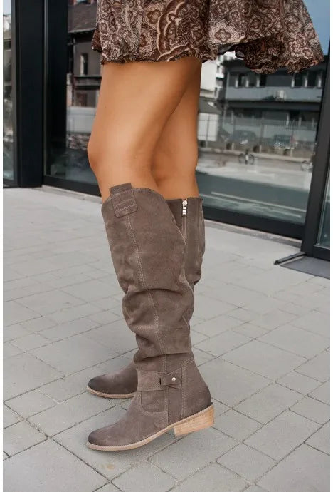 Women’s Thigh-High Suede Boots – Low Heel Side-Zip Knee-High Booties, Retro Autumn Winter Size 43