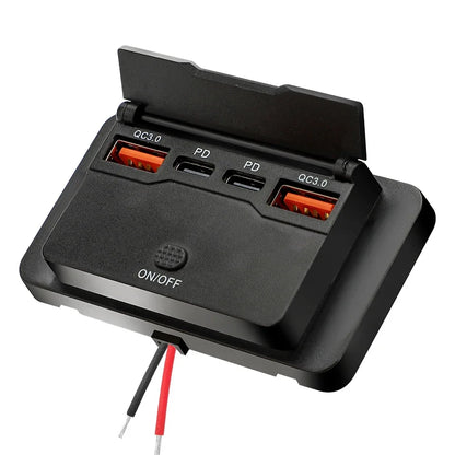 Car Charger Socket Adapter with Switch | 4-Port Charging Splitter for Bus, RV, ATV, Truck, Boat | 12V/24V PD, QC3.0