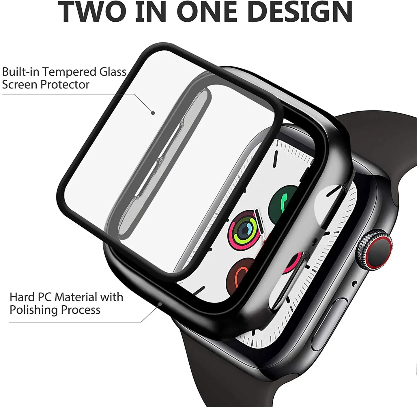 Apple Watch Tempered Glass Case - Full Cover PC Bumper Screen Protector for Series 9 8 7 6 SE 45mm 41mm 44mm 40mm
