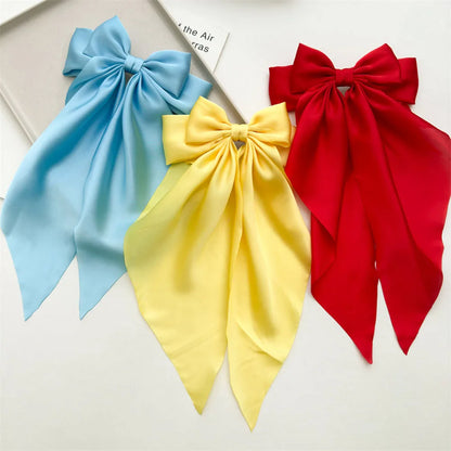 Ladies Satin Oversized Ribbon Bow Hair Clip – White, Pink, Red, Blue, Black, Long Tail Spring Clip for Ponytail Hair Accessories