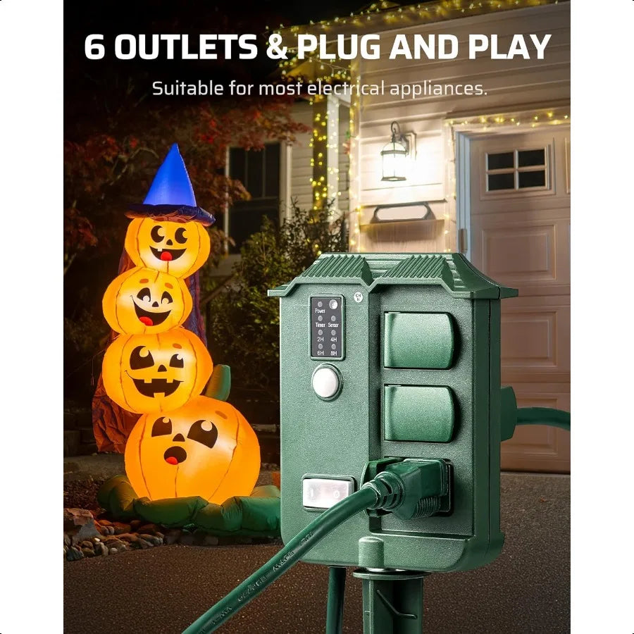 Outdoor Waterproof Power Stake Timer — 6-Grounded Outlets with 100FT Cord, Remote & Dusk-to-Dawn Photocell