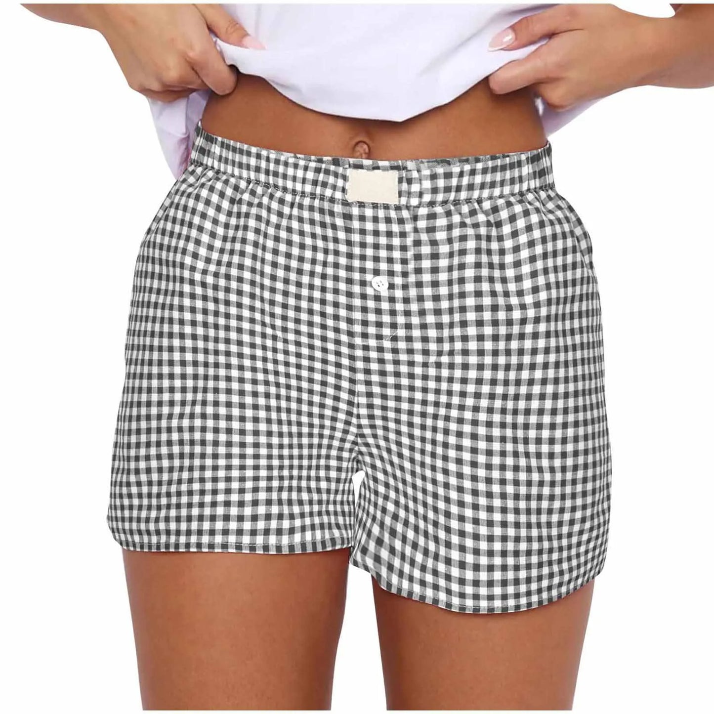 Women’s Teen Girls Elastic Waist Pull-On Red & Blue Plaid Casual Lounge Summer Shorts