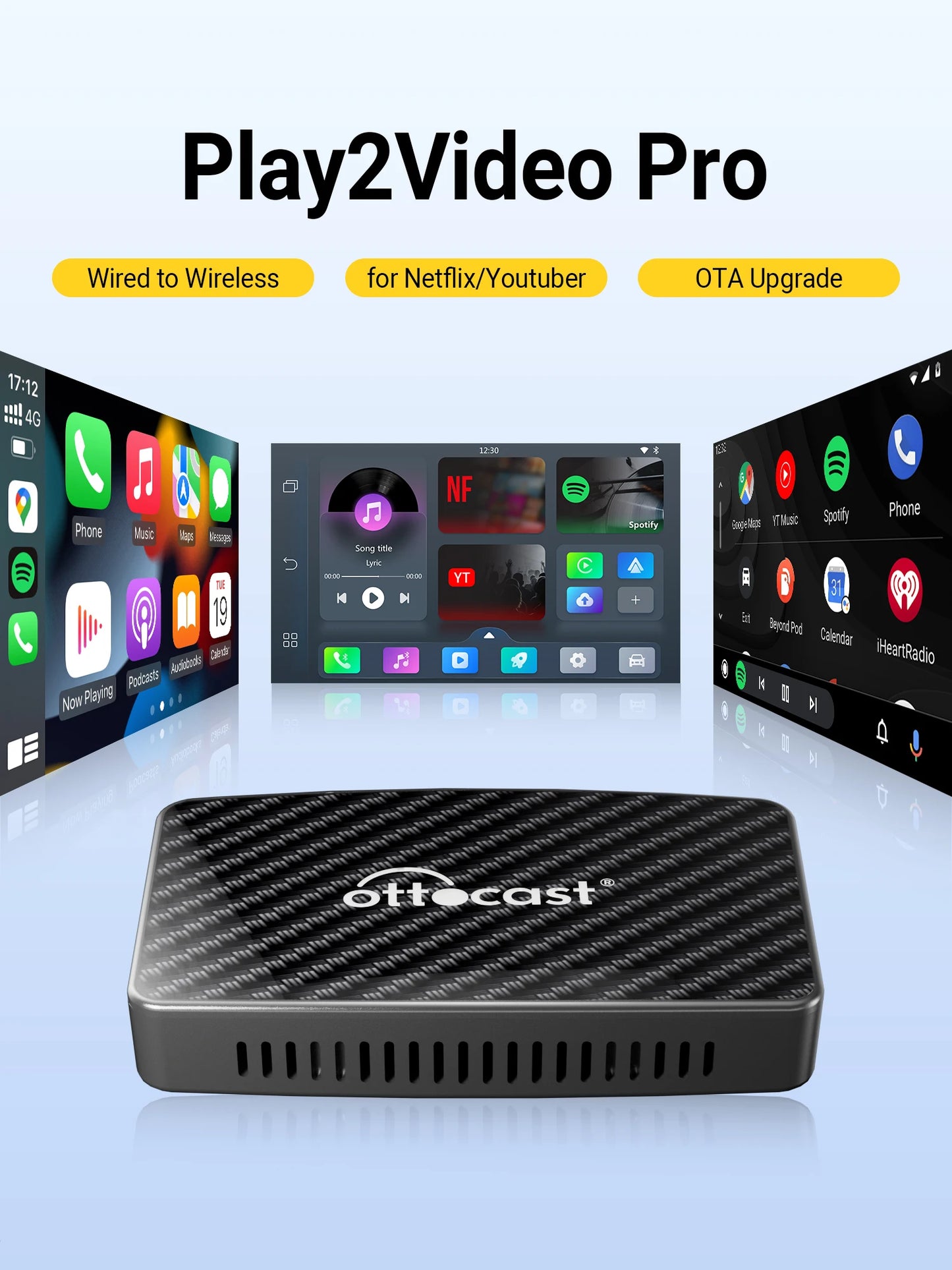 OTTOCAST Play2Video Pro – Wireless CarPlay & Android Auto Adapter for YouTube, Netflix, IPTV Car Accessories for Kia & Toyota