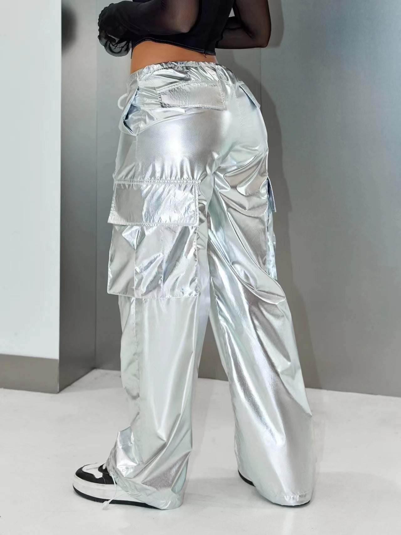 Y2K Street Style Wide Leg Cargo Pants – Silver Metallic Flap Pocket Drawstring Waist Parachute Festival Outfit
