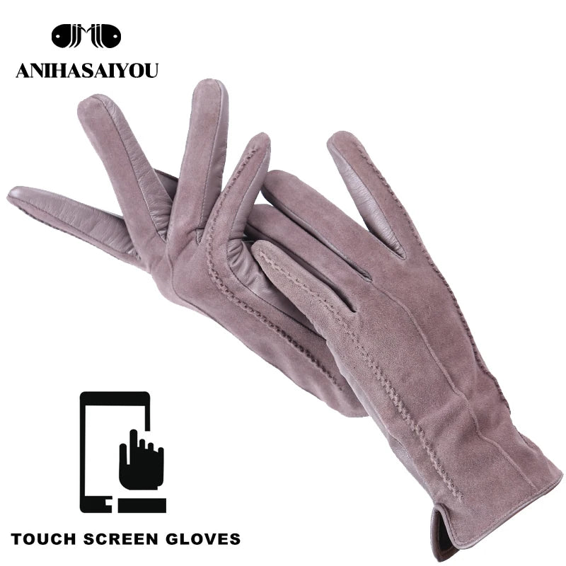 Women’s Winter Touch Gloves – 50% Genuine Leather & 50% Suede, Colorful Warm Leather Gloves