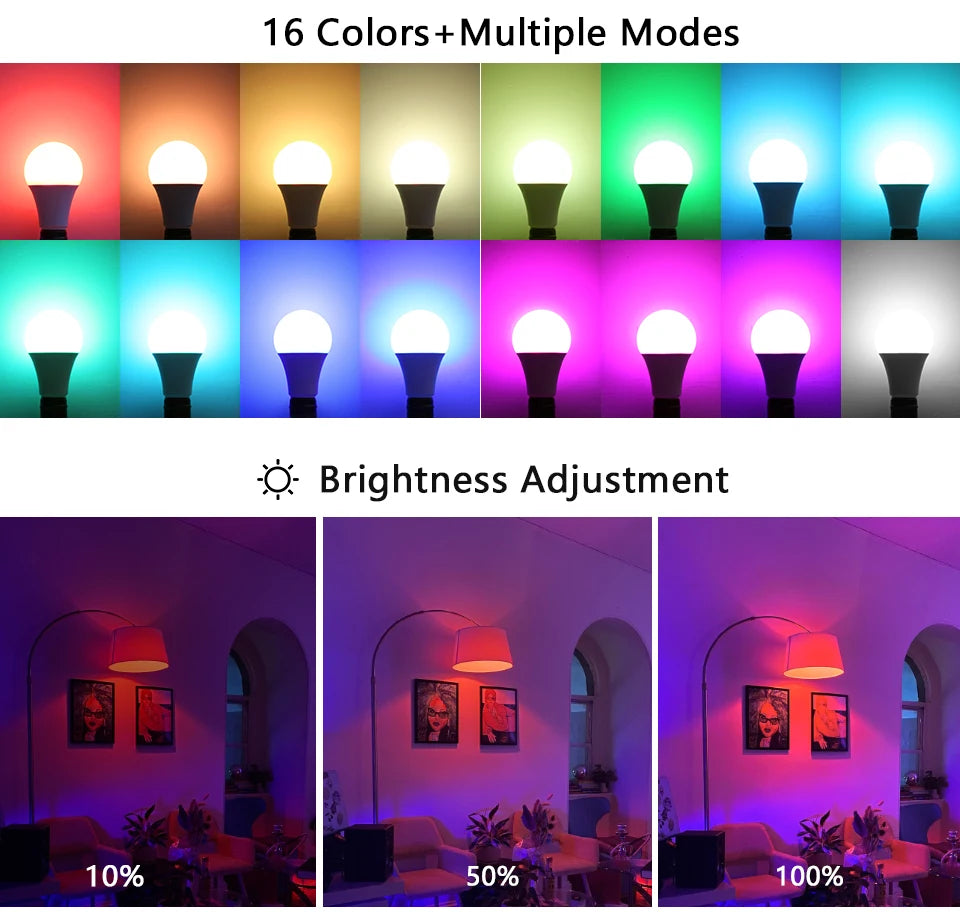 16-Color RGB LED Bulb E27 – Dimmable Multicolor 220V Household Lighting with 24-Key Remote & Neon Atmosphere Light