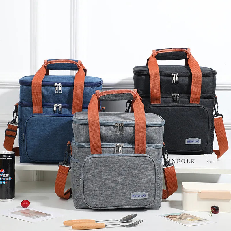 Large Capacity Double Layer Crosbody Lunch Bags - Thermal Insulation Picnic Food & Beverage Bag for Outdoor Travel Storage