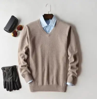 Men’s Classic V-Neck Pullover Sweater – 2024 Autumn Winter Cashmere-Cotton Blend Warm Jumper