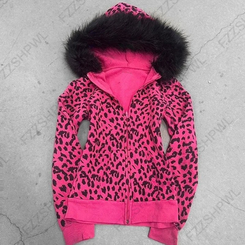 Y2K Harajuku Women's Fur Collar Hoodie – Slim Chic Solid Color Cardigan Sweatshirt, Goth Punk Streetwear