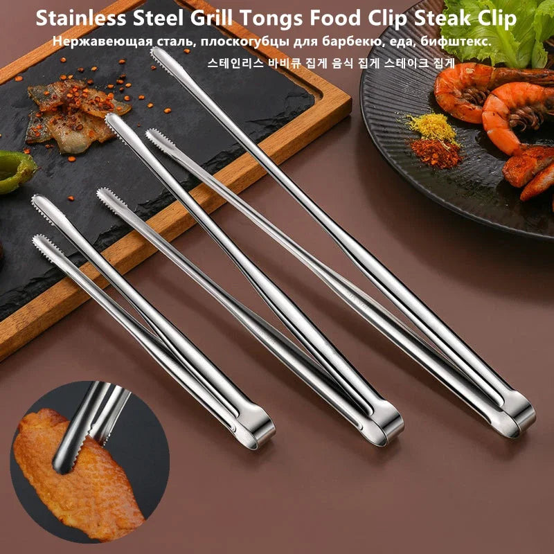 Stainless Steel Grill Tongs – Non-Slip Food Clip, BBQ Steak, Bread Tong, Cooking Utensils, Party Kitchen Gadgets