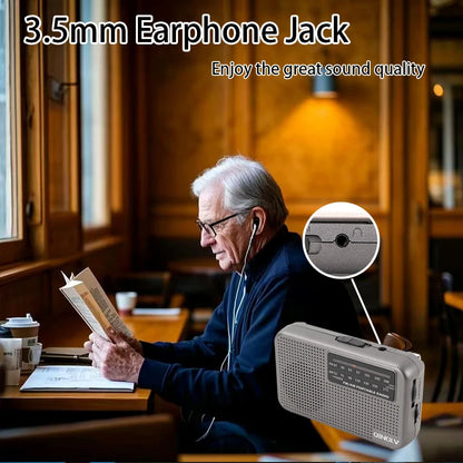 Mini FM/AM Two-Band Radio — 1W Loud Speaker with 3.5mm Headphone Jack & 180° High-Performance Antenna for Home Use