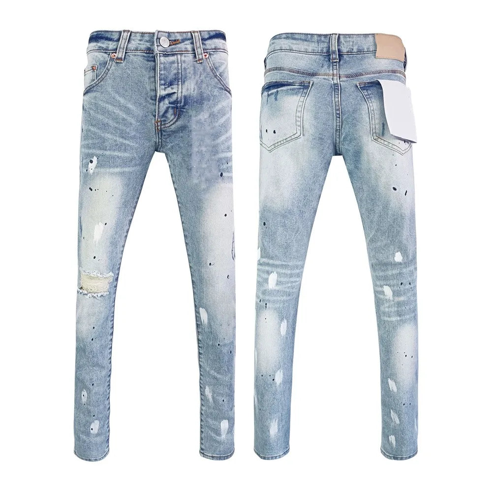 Men's Graffiti Washed Jeans - Retro Distressed Low Rise Skinny Denim Pants