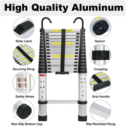 DayPlus 6.2M Multi-Purpose Telescopic Ladder — Aluminum Folding Extendable Ladder with Removable Hook, Non-Slip, 150kg/330lb Capacity