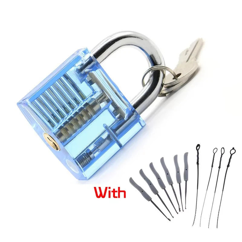 KAK Transparent Practice Padlock Set - Cutaway Training Lock with Broken Key Extractor Hooks and Locksmith Tools