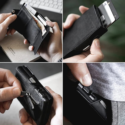 Pop-Up Credit Card Case with RFID Protection – Genuine Leather Wallet for Men & Women, Compartment for Notes and Coins