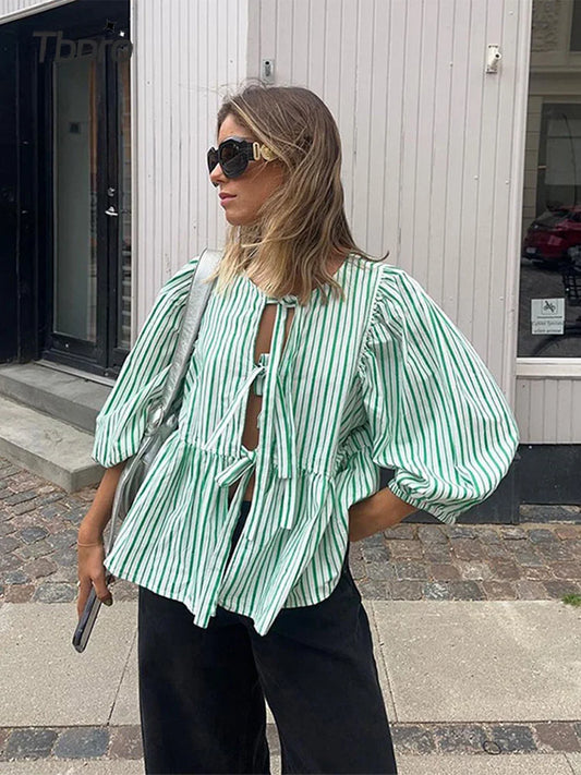 Elegant Puff Sleeve Print T-Shirt: Women's Fashion Lace-Up Casual Top with Loose Round Neck - Spring Streetwear