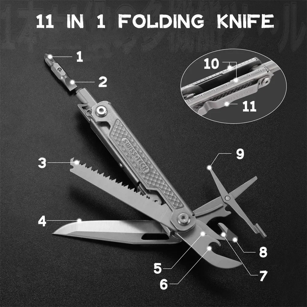SWISS TECH 11-in-1 Mini Multitool - Folding EDC Camping Tool with Scissors, Screwdriver & Clip