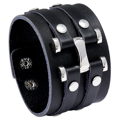 New Vintage Leather Wristband Bracelet – Gothic Punk Cuff with Concealed Buckle, Adjustable Metal Armbands for Men