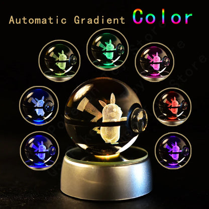 Pokemon 3D Crystal Ball Figurine — Pikachu, Gengar, Mew, Mewtwo Glass Statue with Lamp Base, Kids Birthday Gift