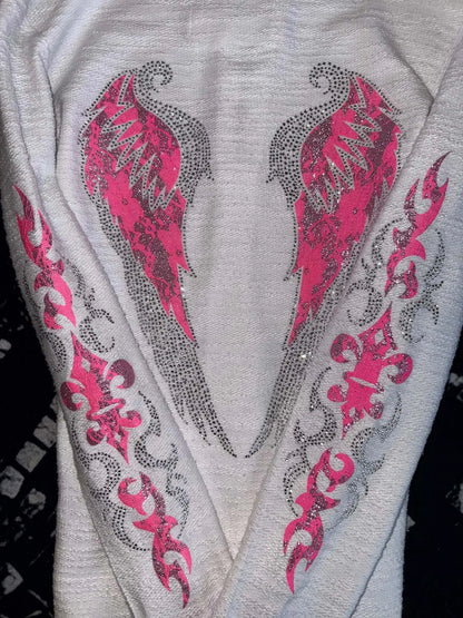 Women’s Y2K Rhinestone Hooded Jacket - Vintage Angel Wing Cross Crystal Streetwear