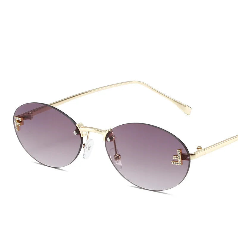 Diamond Letter "F" Rimless Sunglasses | Women’s Luxury Metal Frame Black Oval UV400 Shades
