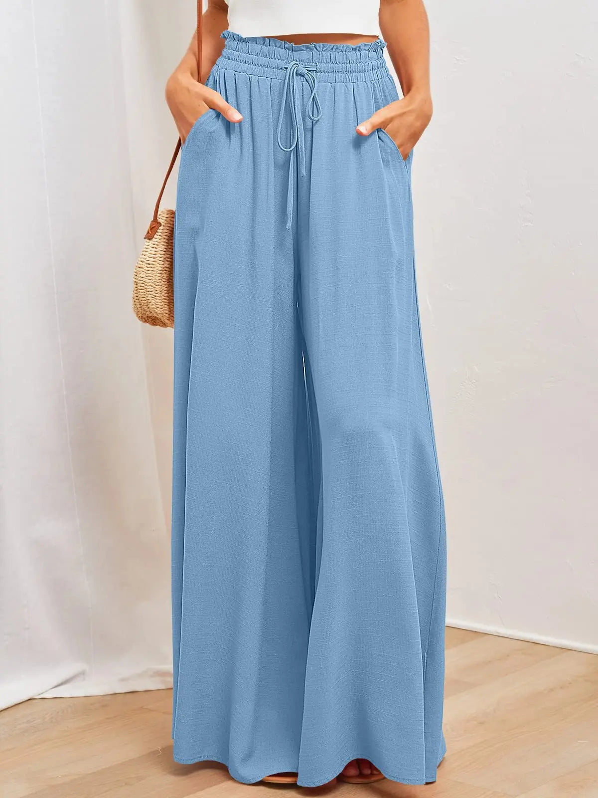 Women’s Summer Wide Leg Pants – Elastic Waist Casual Loose Fit Trousers Breathable Beach Lounge Pants