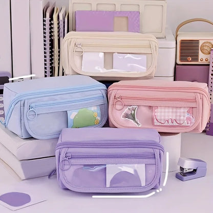 Large Capacity Multi-Compartment Pencil Case Organizer – Desktop School & Office Storage Bag in Pink, Purple & Black