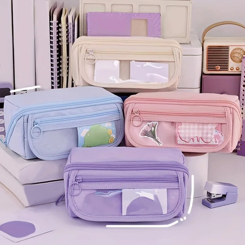 Large Capacity Pencil Case Organizer - Multi Compartment School & Office Supply Storage Bag in Pink Purple Black