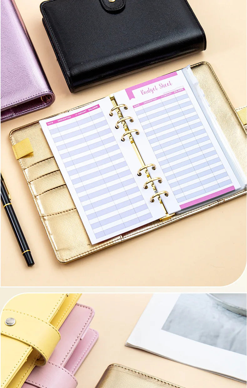A6 Gold Ring Budget Planner Binder – Gold, Purple & Black with Zipper Cash Envelopes for Money Organization