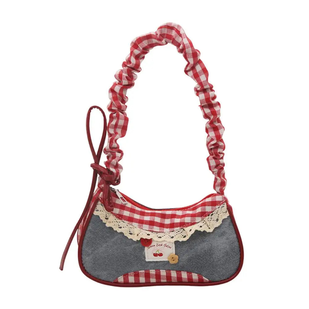 Fashion Grid Lace Shoulder Bag - Stretchable Ribbon Strap Underarm Handbag for Women, Students & Daily Commuting