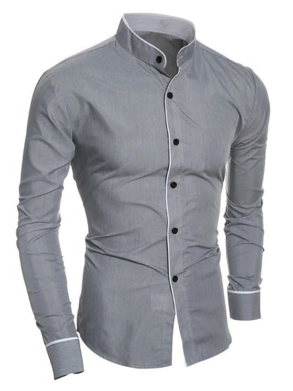 Men’s Stand Collar Long Sleeve Shirt - Slim Fit Solid Color Button Down Shirt for Spring & Autumn