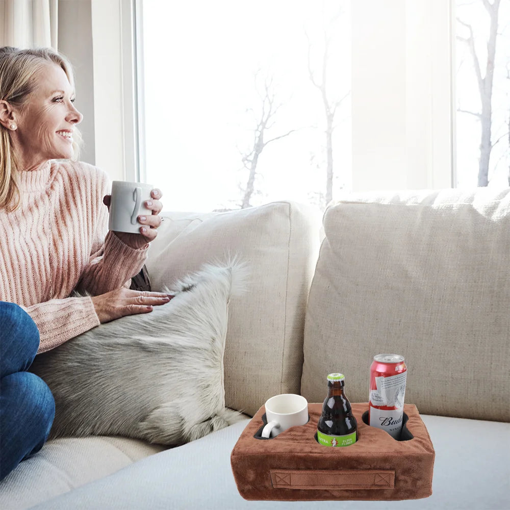 Sofa Cup Holder Pillow – Couch Arm Table Drink Caddy with Remote Holder for Sofa, Bed, RV & Car