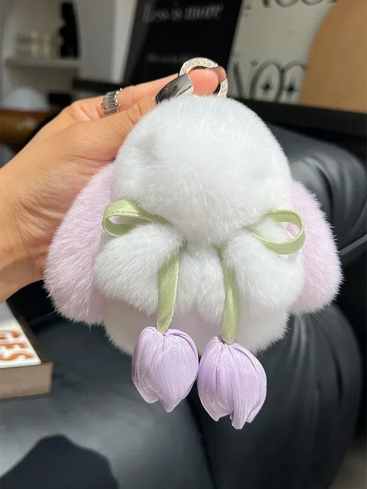 Cute Real Rex Rabbit Fur Keychain – Mini Bunny Pendant Bag Charm & Car Key Ring Plush Toy Gift for Women