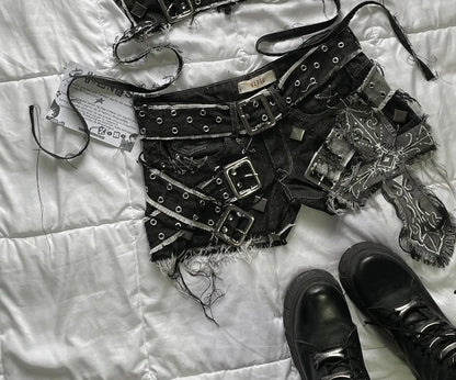 2025 Y2K Gothic Denim Two-Piece Set — Women’s Harajuku Pleated Mini Skirt Streetwear Outfit