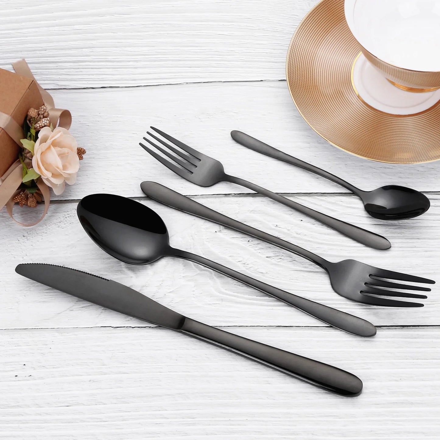 30/35/40-Piece Western Tableware Set – Elegant Black Stainless Steel Cutlery with Mirror Finish, Knife, Fork, Spoon for Kitchen and Dining