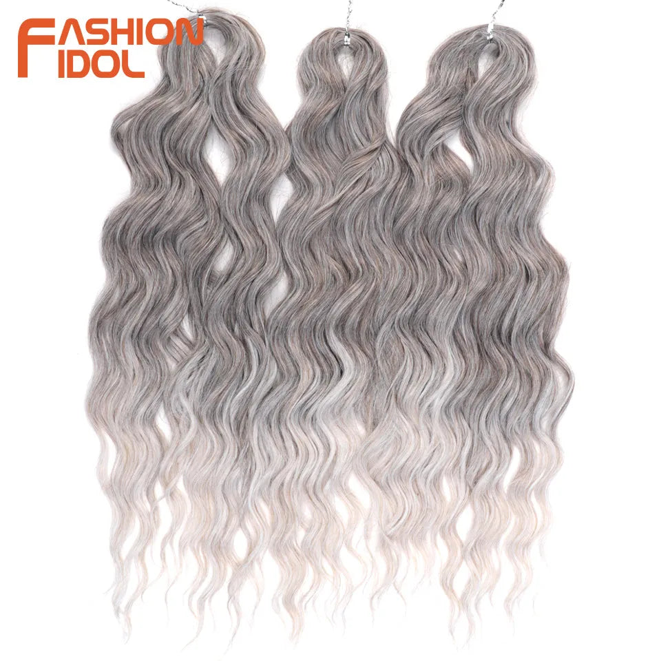 FASHION IDOL 24" Deep Wave Crochet Hair - 3-Piece Synthetic Water Wave Braiding Extensions, Ombre Rainbow Twist Hair