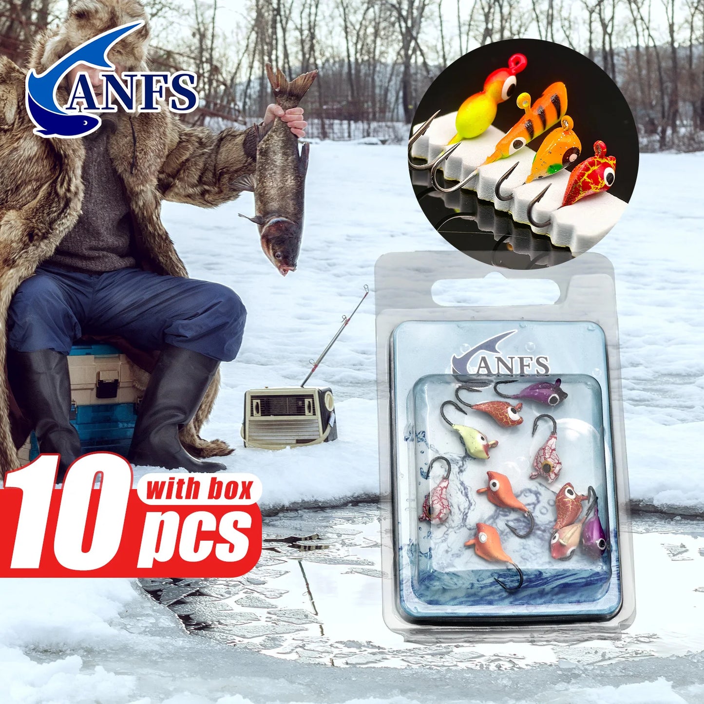 ANFS 10pcs Ice Fishing Lures - Vibrant Color Fishing Jigs with Hooks for Winter Ice Angling