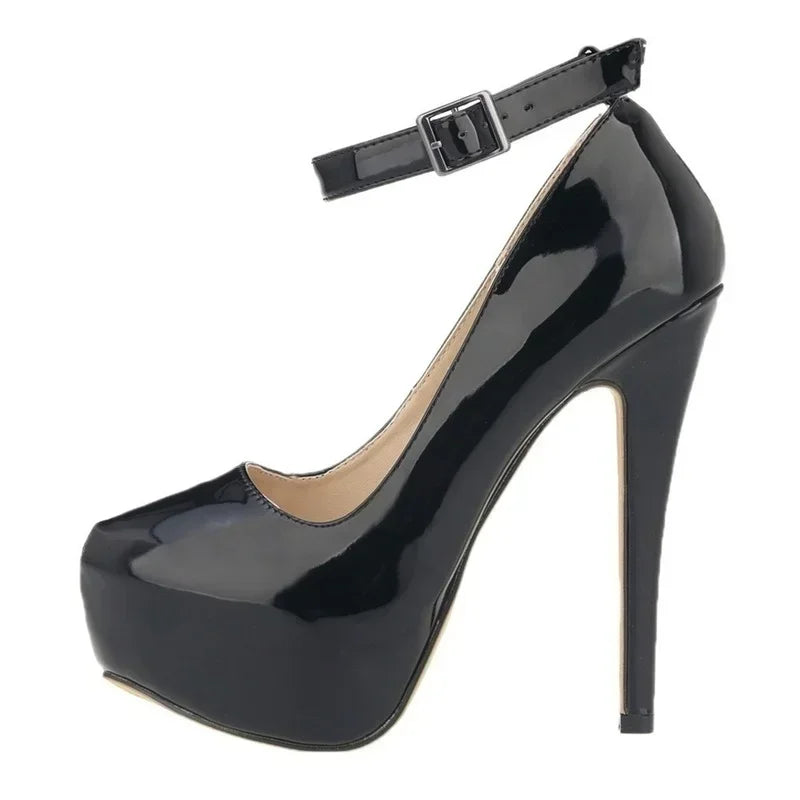 Women’s Patent Leather Stiletto Pumps – 14cm High Heels with Buckle Ankle Strap, Sexy Wedding & Fashion Shoes, Size 44