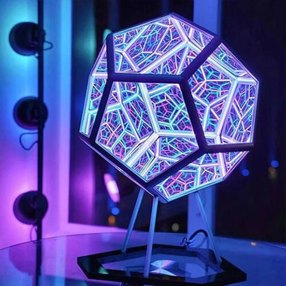 Dreamy Geometric Space LED Night Light Infinity Dodecahedron Mirror Art Lamp with Stand – Creative Color Changing Decor Gift for Christmas & Birthday